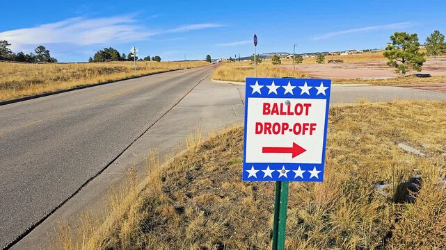 Roadside ballot drop-off sign points voters toward an election collection site, with blue border, white stars, red arrow, dry grass, pine trees, and sunny weather in a rural setting.