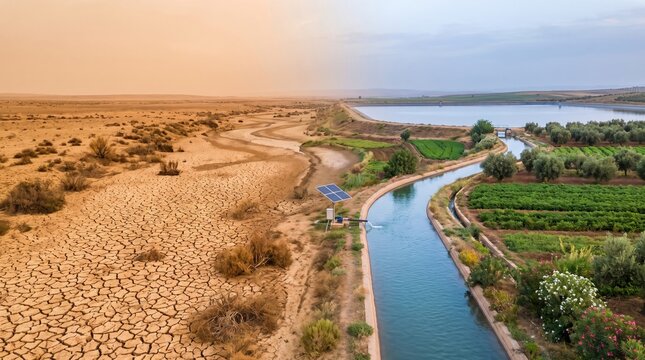 contrast concept image showing a dry, cracked, and barren desert landscape on one side meeting a lush, irrigated agricultural field with water canals and a reservoir on the other.