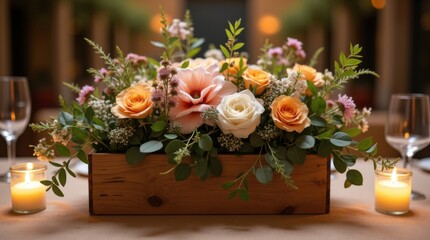 Obraz premium Centro de mesa rústico para bodas en una caja de madera llena de flores de temporada
