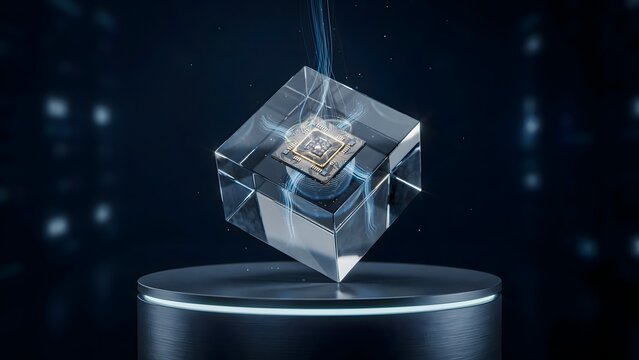 Quantum processor suspended inside crystal cube with blue glow &ndash; Perfect for quantum physics, advanced supercomputing, or future science.
