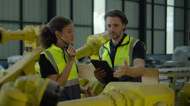 Female technician speaking on walkie-talkie while male colleague reviews data on digital tablet near yellow industrial robot.