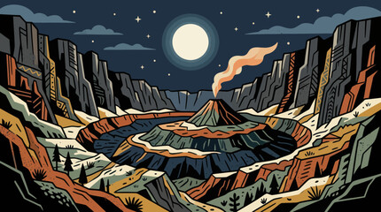 Volcanic crater landscape at night © Stok