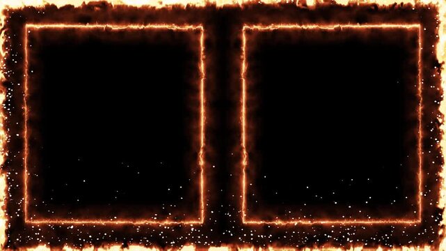 Burning orange split screen visual two black copy areas, fiery glowing outlines, drifting sparks. photo placeholders, video transitions, title cards, horror edits, and dramatic motion graphics.