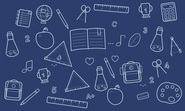 Chalkboard school supplies doodle pattern, hand drawn education icons on blue background, back to school vector illustration for classroom banners