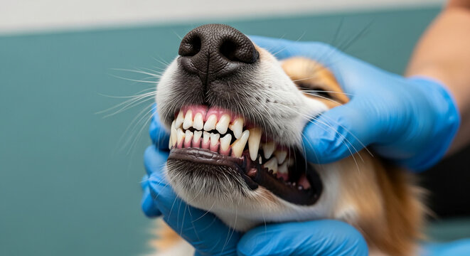 Close-up of a dog's open mouth with white teeth and pink gums, held by gloved hands, representing dental care and health