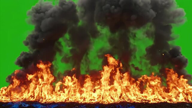 Realistic Wall of Fire Flames and Smoke on Green Screen Background