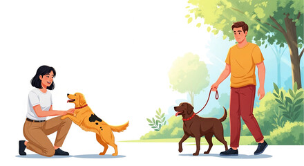 Fototapeta premium Illustration of a woman interacting with a playful dog and a man walking another dog, symbolizing companionship and outdoor activity, with free space.