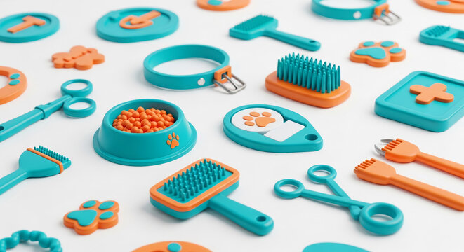Brightly colored pet grooming tools and accessories arranged on a clean white surface, showcasing pet care items and a playful aesthetic