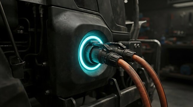 Close up on glowing blue charging port with two orange cables plugged in, futuristic technology concept, industrial background