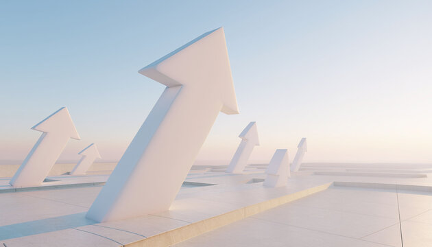 White 3D arrows rise toward the sky in a minimalist landscape with nobody. A powerful visual metaphor for business growth, financial success, ambition, and optimistic future vision.