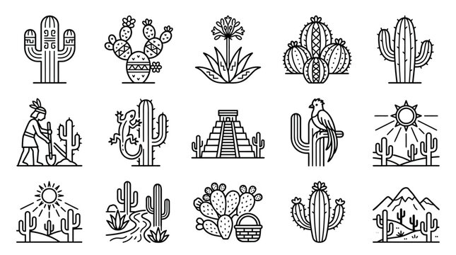 Mexican Desert Icons: Cacti, Aztec Pyramid, Sun, Mountains