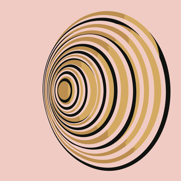 Modern abstract geometric design with concentric black and gold elliptical shapes creating a hypnotic optical illusion on a soft pink background.
