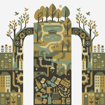 Ecological Balance: Clean Nature & Park Above, Industrial Pollution & Waste Below. Sustainability, Environmental Protection