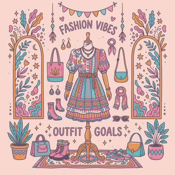 Trendy Bohemian Fashion Illustration with Elegant Dress, Accessories, and Decorative Elements in Pastel Colors