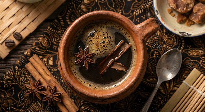 Mexican Cafe de Olla Brewed with Cinnamon and Piloncillo in Clay Mug