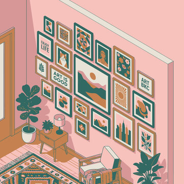 Cozy bohemian living room isometric illustration with extensive gallery wall on pink wall, plants, armchair, and rug. Modern home decor.