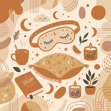 Boho Cozy Sleep and Dream Illustration with Eye Mask, Pillow, Book, Candles, and Hot Drink in Warm Earth Tones