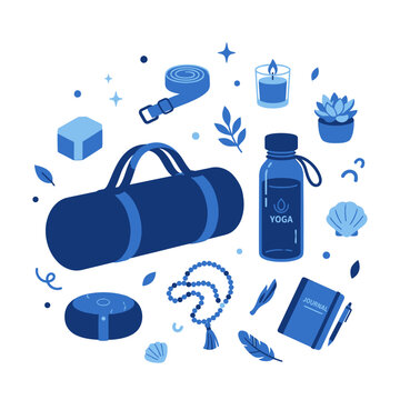 Monochrome blue illustration of yoga and meditation essentials for a mindful healthy lifestyle, including mat bag, water bottle, and self-care items.