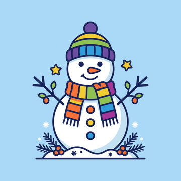 Cheerful cartoon snowman illustration with a vibrant rainbow hat and scarf, surrounded by stars and winter sprigs on a blue background.