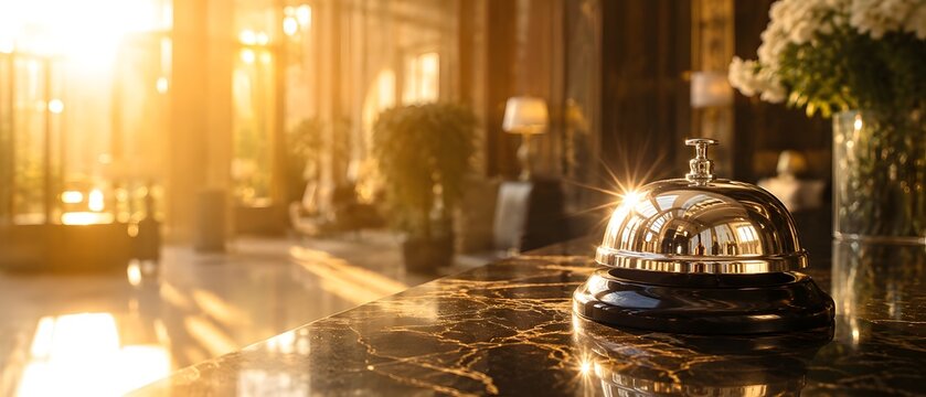 Macro close up of vintage silver service bell on marble reception desk at sunny luxury hotel lobby, premium hospitality and concierge service concept with copy space, generative AI