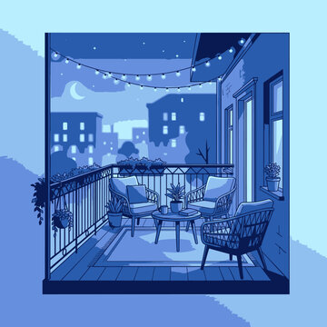 Pixel Art Balcony Scene at Night with String Lights, Cozy Furniture, and City Skyline View in Monochromatic Blue
