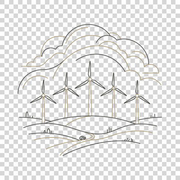 Line art illustration of wind turbines on rolling hills, symbolizing renewable clean energy and sustainable power generation in a natural landscape.