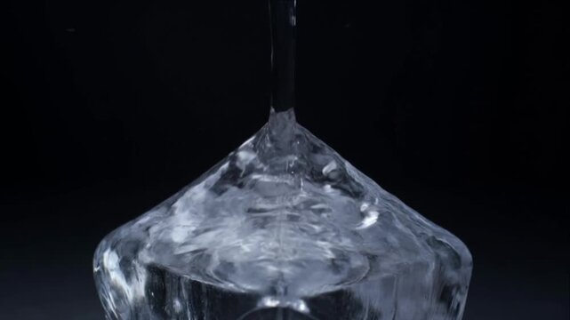 Sparkling ice water background with abstract splash and flow of clear liquid motion forming frozen cold surface and pyramid crystal shapes in dark minimalist studio lighting photography