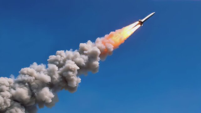 Rocket launching into clear blue sky with thick smoke trail. Lockdown wide shot.
