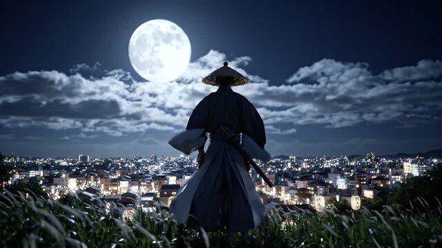 Lone Samurai Overlooking Cityscape at Night