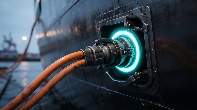 Close up of an industrial power connector with glowing blue ring and orange cables attached to a dark ship hull at a dockside. Modern energy transfer.