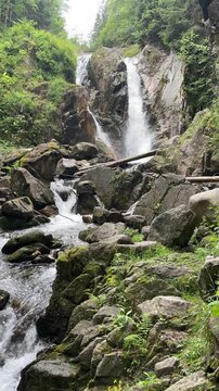 Scenic vertical view of Lolaia Waterfall flowing down mossy rocks in Retezat Mountains, Romania, peaceful nature and travel landscape, 4k, 60fps.