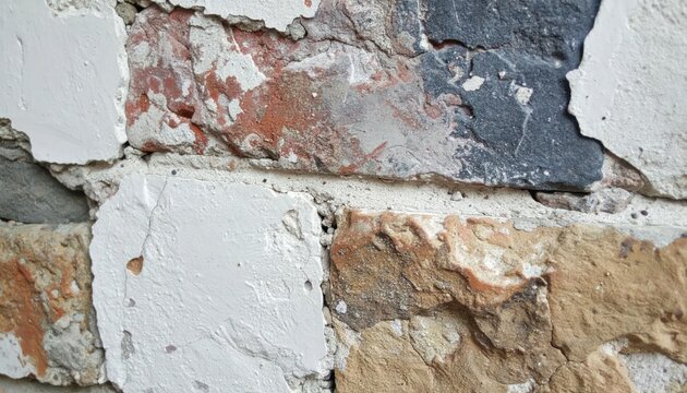 Rustic textured brick wall with peeling white paint.