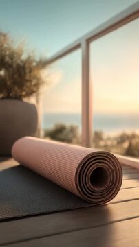 Rolled yoga mat on a balcony floor with soft morning sunlight streaming in, creating a peaceful and inviting atmosphere. Perfect setting for a mindful sunrise yoga or meditation session
