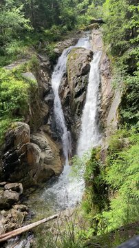 Scenic vertical view of Lolaia Waterfall flowing down mossy rocks in Retezat Mountains, Romania, peaceful nature and travel landscape, 4k, 60fps.