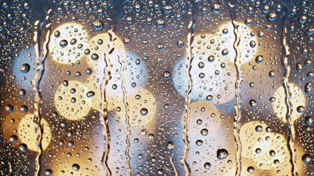 Rainy Window: Close-up of raindrops on a window pane, with blurred, glowing lights in the background creating a bokeh effect. Evokes a sense of cozy melancholy or peaceful contemplation.