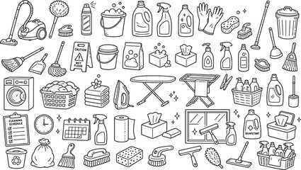 Naklejka premium Set of Hand Drawn Cleaning and Laundry Service Icons in Doodle Style