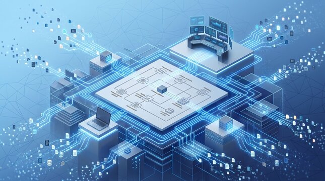 Futuristic Isometric Digital Infrastructure with Big Data Flow and Network Technology System Concept