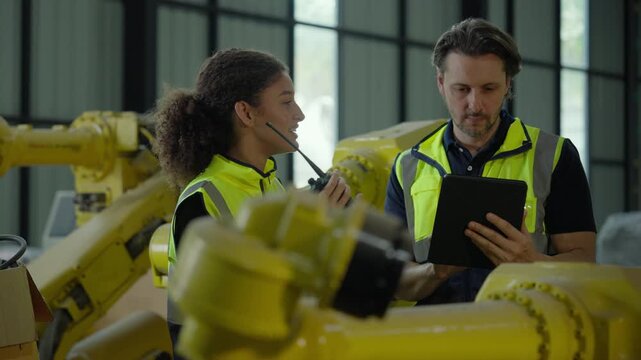 Female technician speaking on walkie-talkie while male colleague reviews data on digital tablet near yellow industrial robot.
