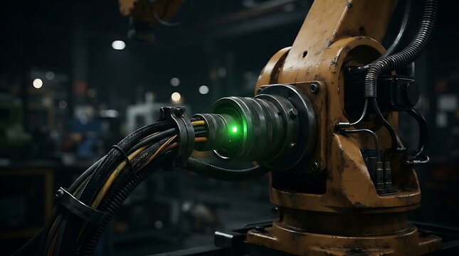Industrial robotic arm with glowing green laser detail and complex wiring in a factory setting, symbolizing automation and advanced manufacturing technology.