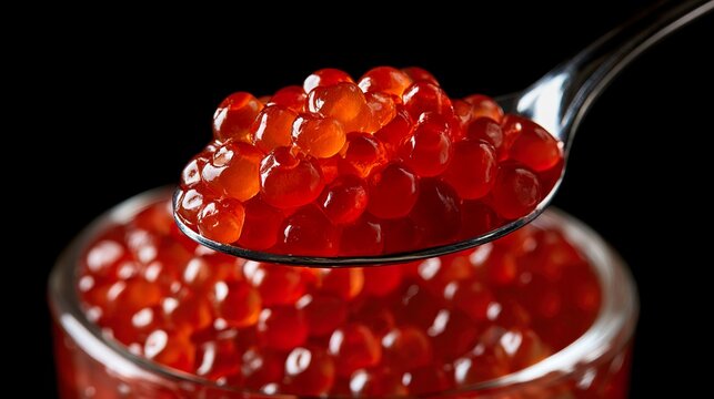 Close-up of salmon or trout caviar on a black background. Macro shot of red chum salmon caviar.