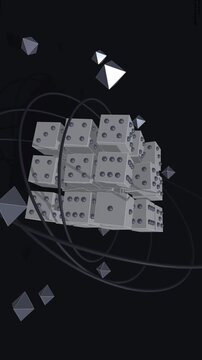 Vertical monochrome 3D dice matrix with floating geometric pyramids and orbital rings for mobile tech content and artificial intelligence backgrounds