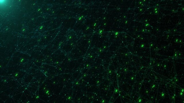 Digital green code web visual floating binary symbols, connected lines, deep 19 atmosphere. data protection, blockchain explainers, programming lessons, network maps, motion graphics.