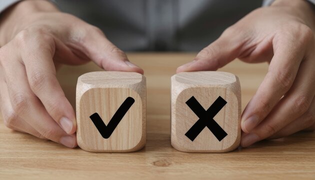 Conceptual decision making with checkmark and cross on wooden blocks