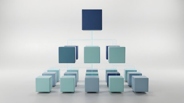 Floating blue cubes forming organizational hierarchy pyramid 3d &ndash; Perfect for corporate structure, business growth, or leadership presentations
