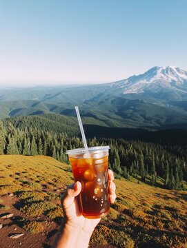 Hiker holding iced tea with mount adams in background