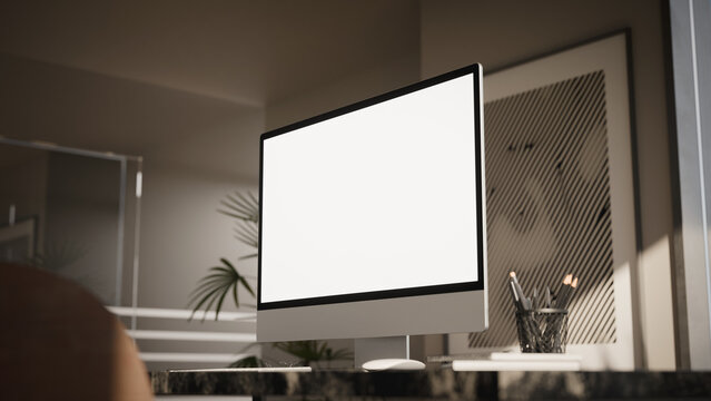 Computer Blank Screen Mockup on Modern Office Desk in Daylight