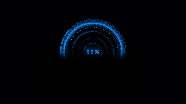 Digital loading meter interface visual blue circular scale, progress value, and dark minimalist layout. for app updates, software installs, system checks, dashboard loops, and motion graphics.