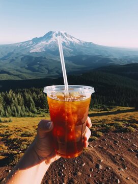 Hiker holding iced tea with mount adams in background