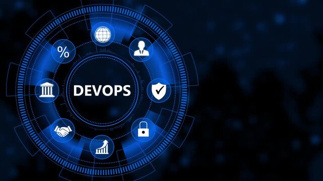 Dev ops software development concept with animated digital hud interface and network for business technology and it infrastructure solutions