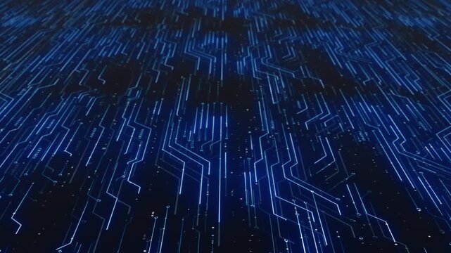 Electronic motherboard lines visual blue circuit trails, depth blur, and futuristic hardware texture. chip manufacturing, tech promos, coding intros, network graphics, and motion backgrounds.
